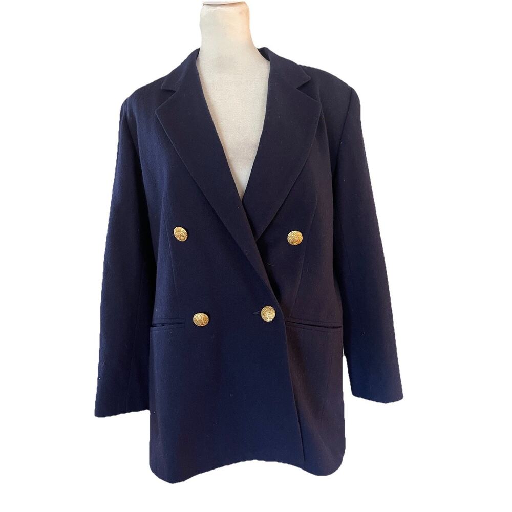 VTG Stephanie Andrews Navy Double Breasted 100% Wool ChunkyGold Button Blazer 6P